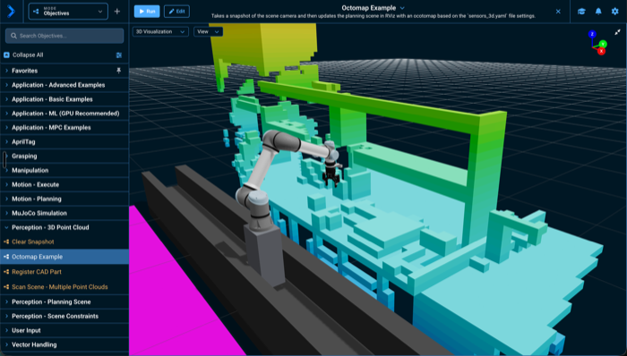 Height-colored occupied voxels streaming from the planning scene into the 3D view, alongside the robot model
