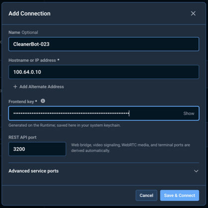 The Add Connection dialog, with the required frontend key generated on the Runtime and stored in the operating system credential store