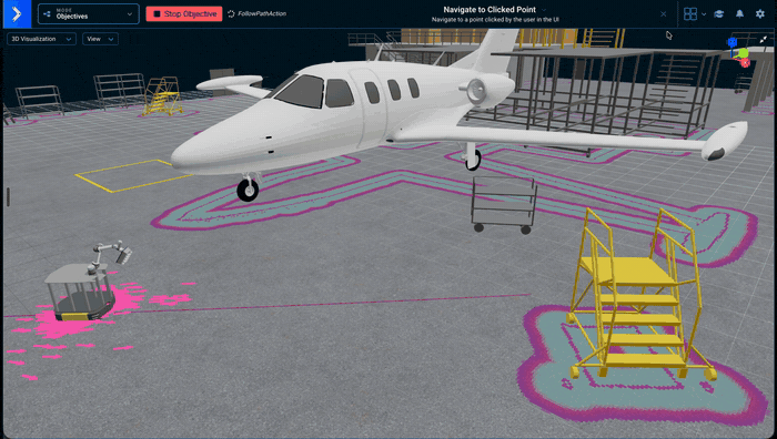 A mobile base navigating a hangar with its AMCL particle cloud drawn as arrows, alongside the costmap overlays