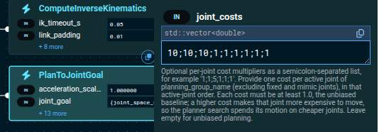 The joint_costs port on a PlanToJointGoal Behavior in the Objective editor, set to make the three mobile base joints ten times as expensive to move as the arm joints