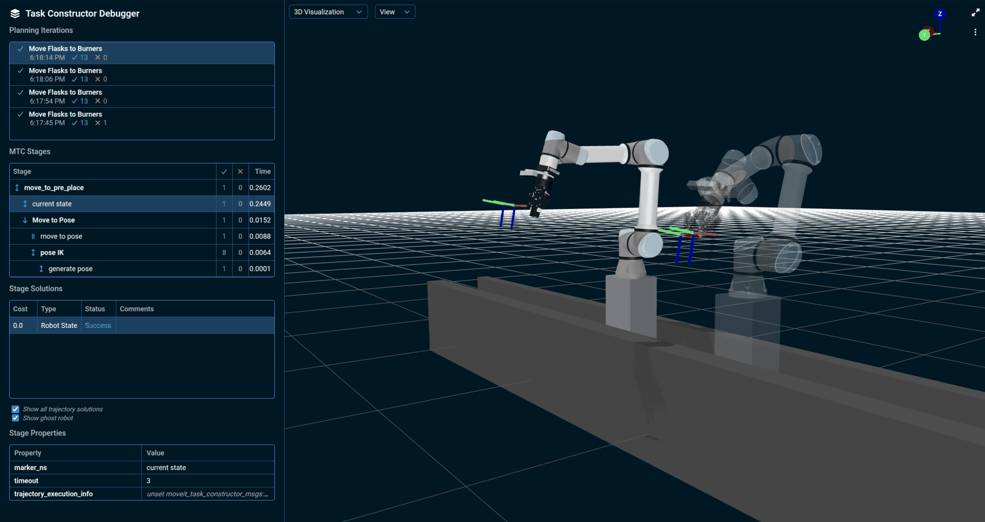 Task Constructor Debugger app window, with the debugger sidebar showing planning iterations, the MTC stage tree, and stage solutions on the left, alongside a trajectory preview in the 3D Visualizer