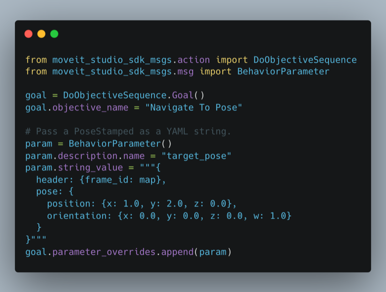 Python example sending a PoseStamped parameter override via DoObjectiveSequence