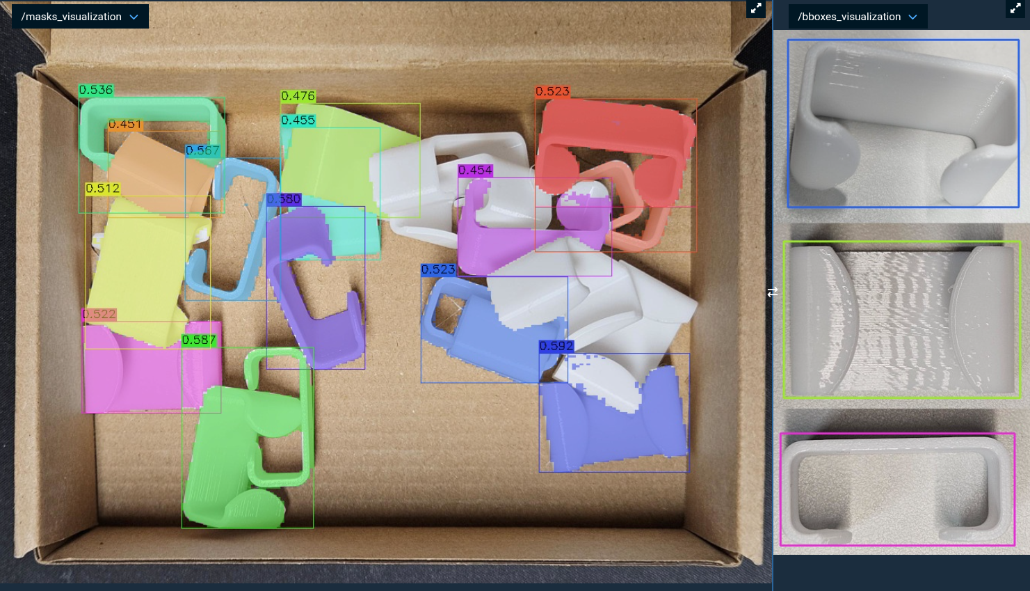 Image exemplar with multiple bounding boxes finding brackets in a bin