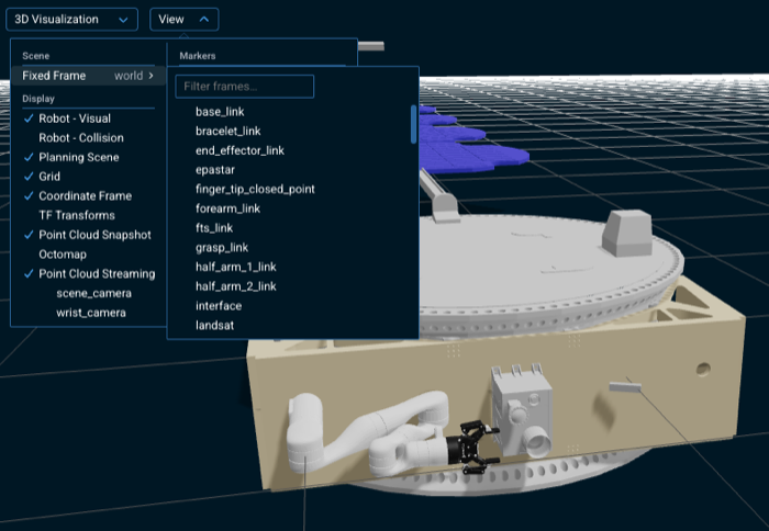 The View menu's Fixed Frame picker, listing the transform frames the scene can be drawn relative to