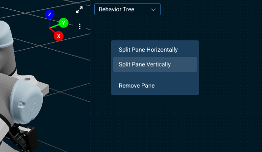 Right-clicking a pane opens the tiling menu: split horizontally, split vertically, or remove the pane