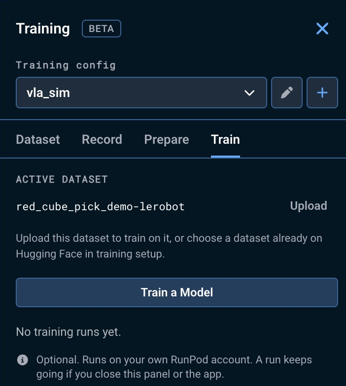 The Train tab with a prepared local dataset and Train a Model outlined in orange